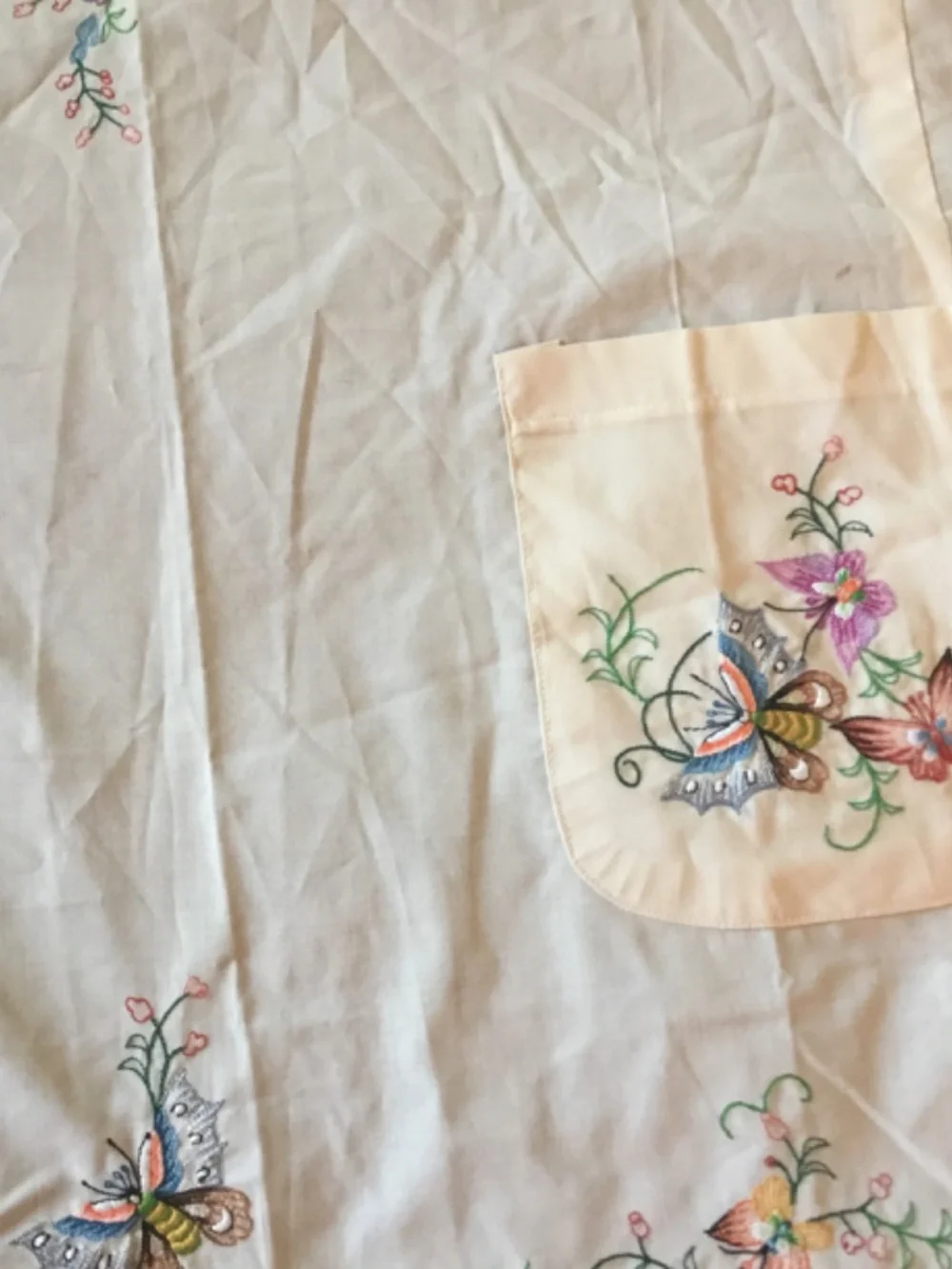 Vintage Chinese embroidered  pinafore cotton apron bone with multi color floral